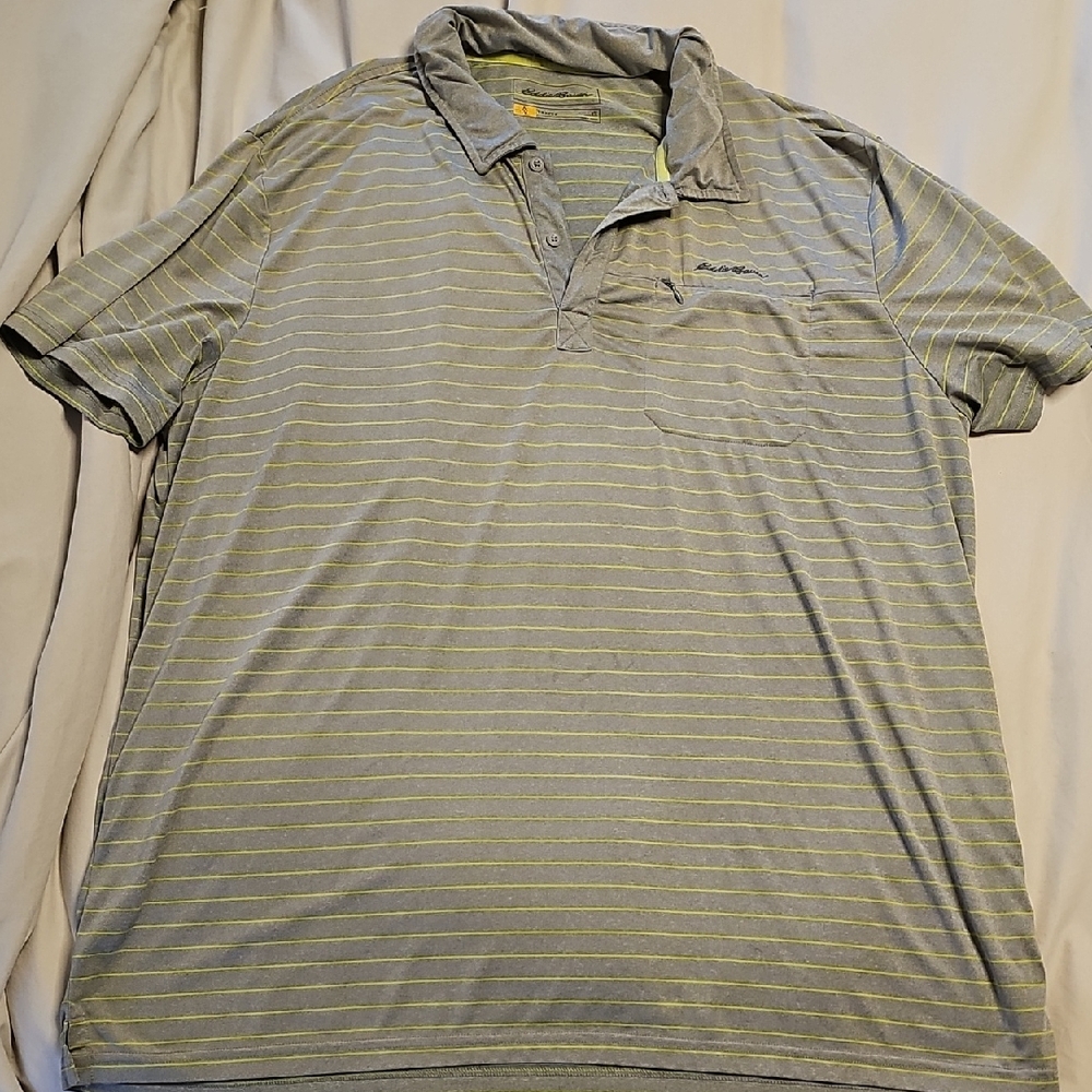 Eddie Bauer Gray and Yellow Striped Travex Polo Shirt